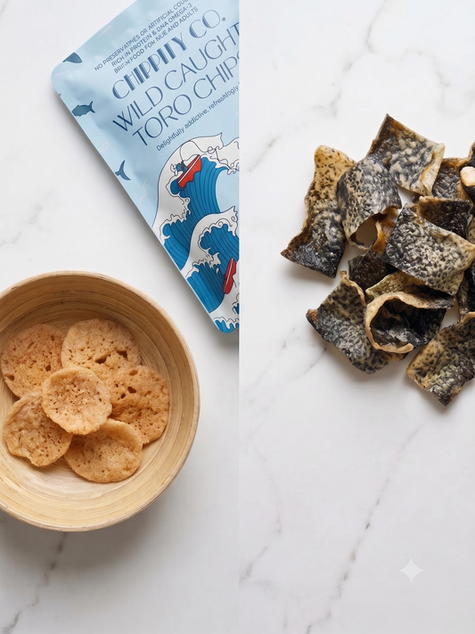 Tuna chips vs salmon skin chips — protein, DHA, fat and sodium per serving compared, Singapore