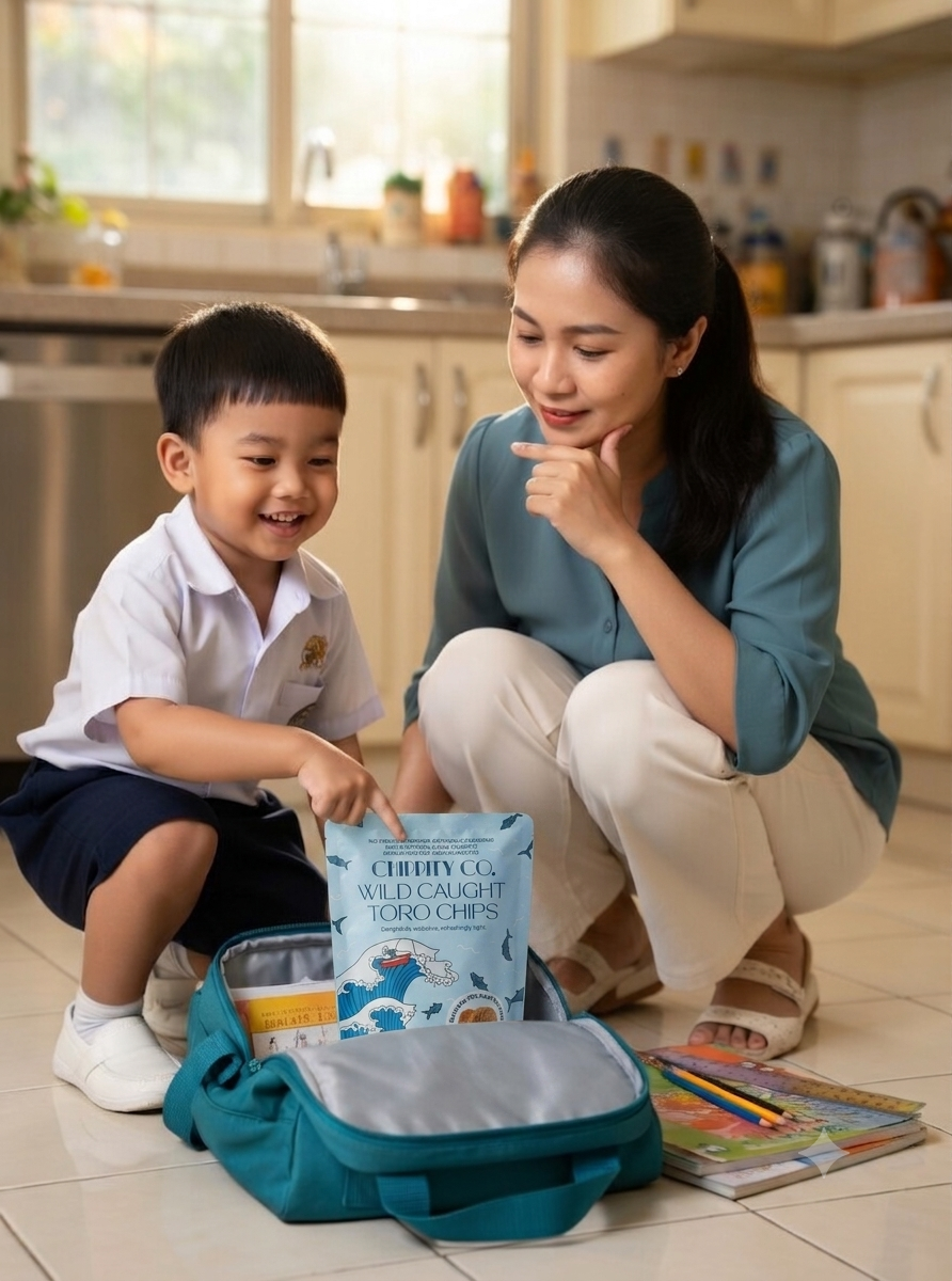 Child packing Toro Chips into a school bag — healthy lunchbox snack, Singapore