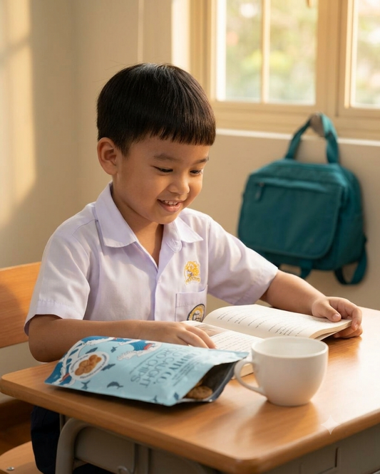 Kid snacking on Toro Chips while studying — high DHA Omega-3 brain food, Singapore