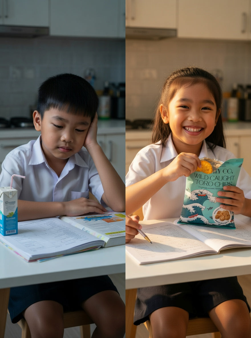 Singapore child eating high-protein snack after school — Toro wild-caught tuna chips by Chippity Co